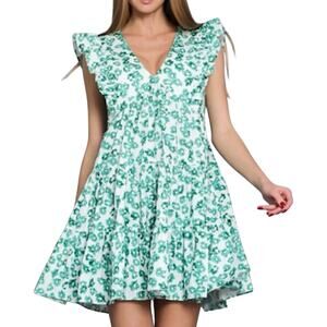 Aakaa Green Floral Ruffle Sleeve Mini Dress Womens S/M Tiered V-Neck Cottagecore